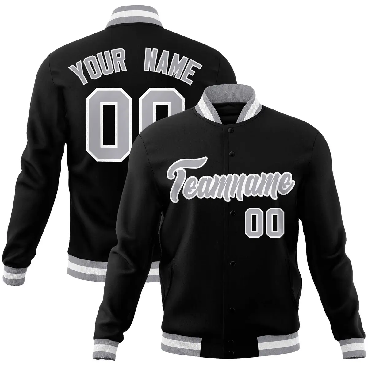 Black Gray White Classic Varsity Full-Snap Letterman Jacket