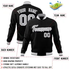Black Gray White Classic Varsity Full-Snap Letterman Jacket 4