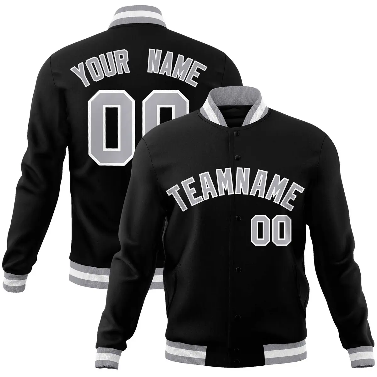 Black Gray White Classic Varsity Full-Snap Letterman Jacket