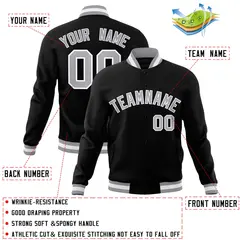 Black Gray White Classic Varsity Full-Snap Letterman Jacket 4