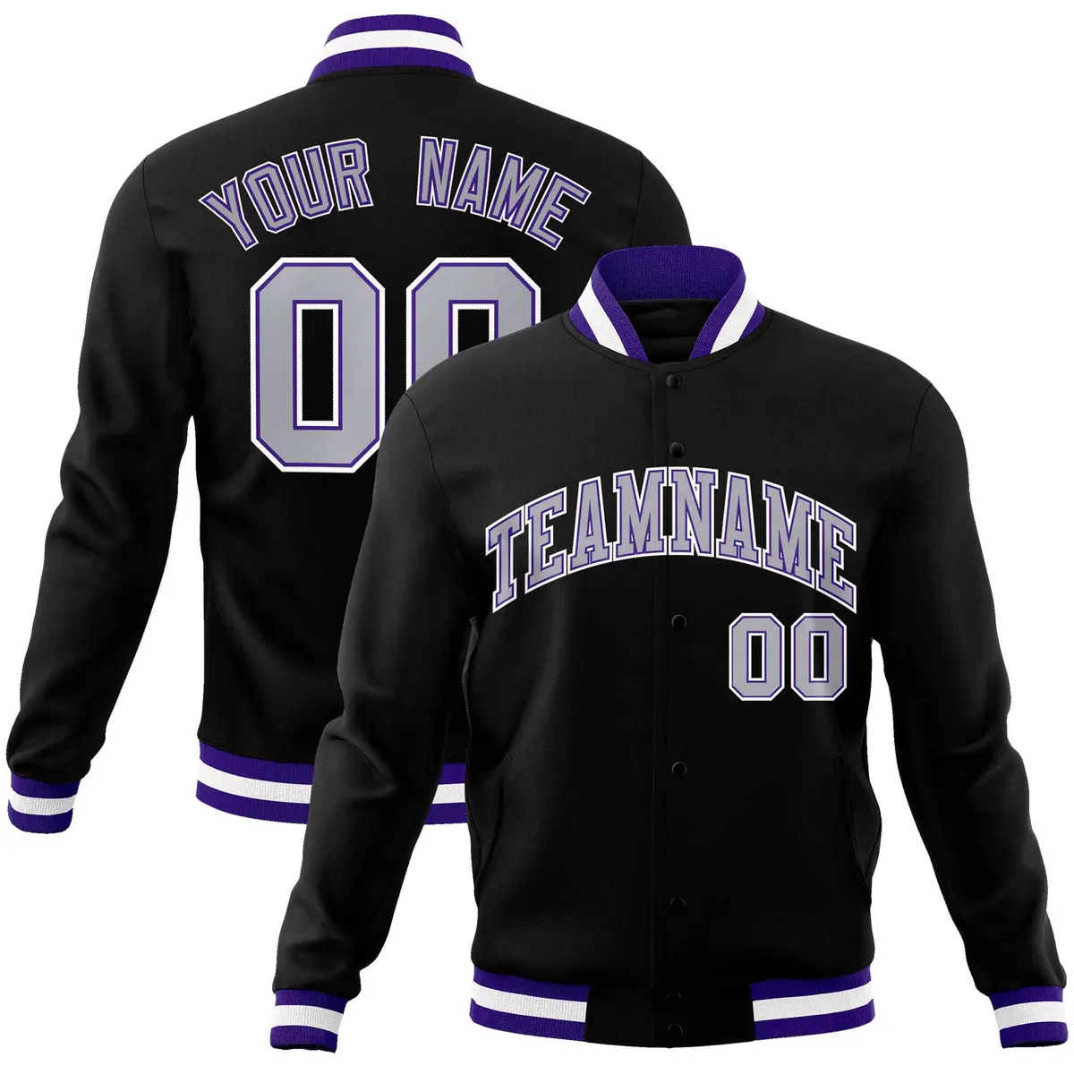 Black Gray White Classic Varsity Full-Snap Letterman Jacket