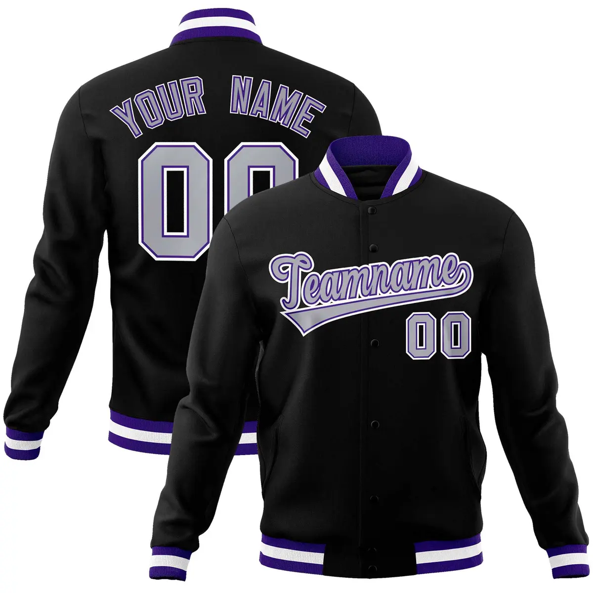 Black Gray White Classic Varsity Full-Snap Letterman Jacket