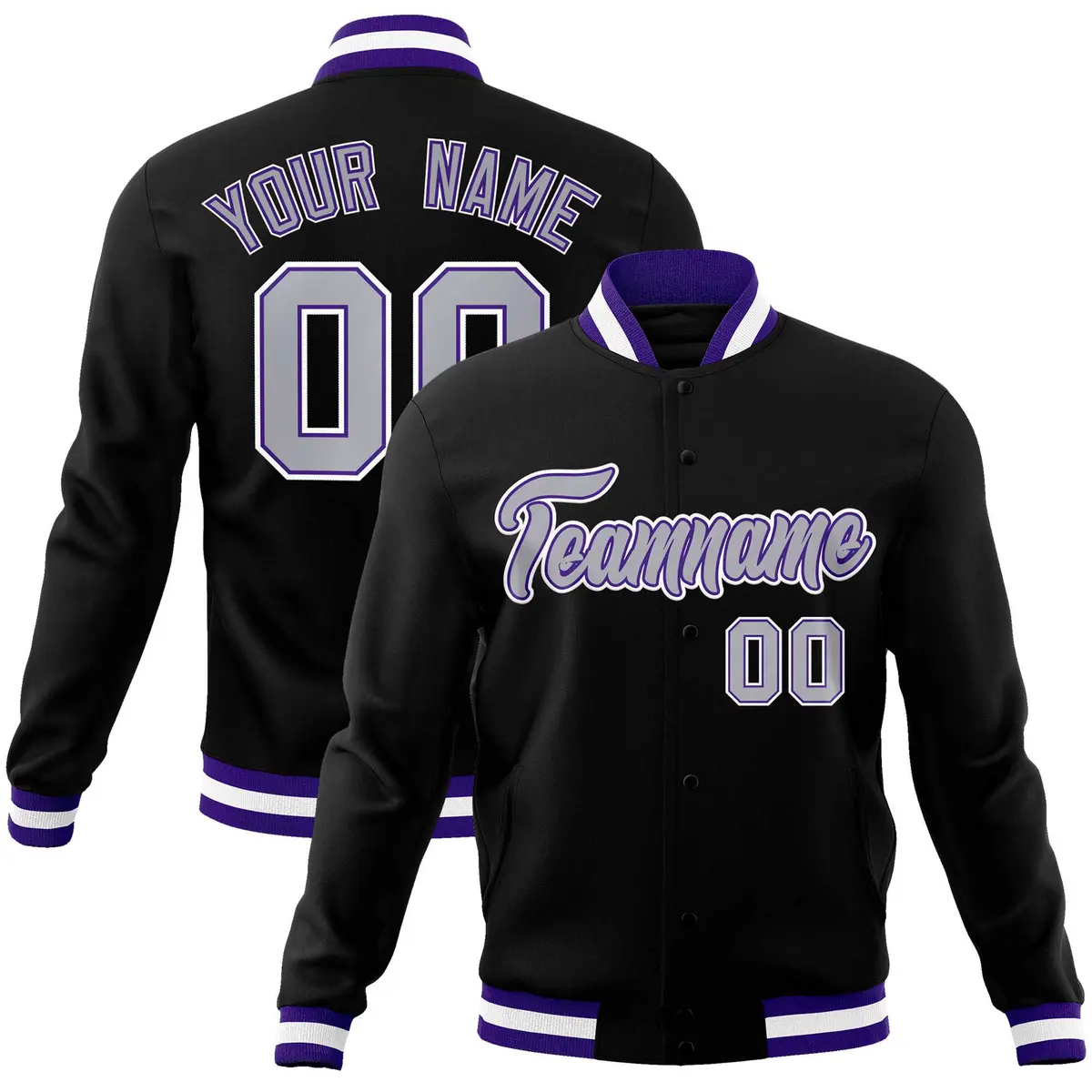 Black Gray White Classic Varsity Full-Snap Letterman Jacket
