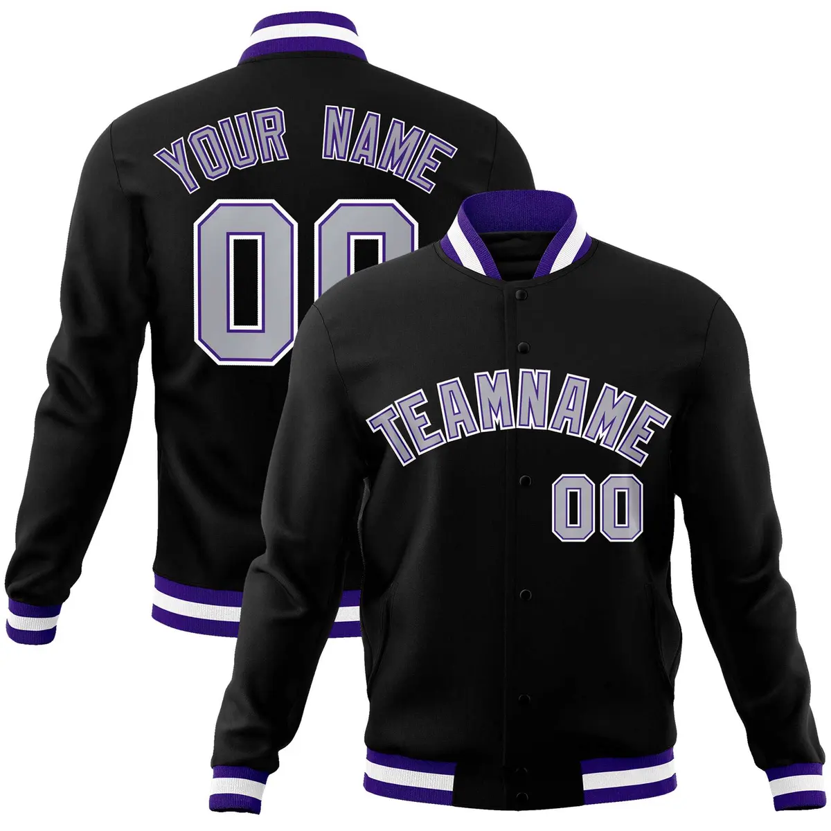 Black Gray White Classic Varsity Full-Snap Letterman Jacket