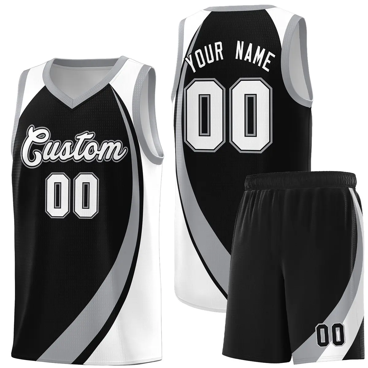 Black Gray-White Color Block Team Basketball Jersey