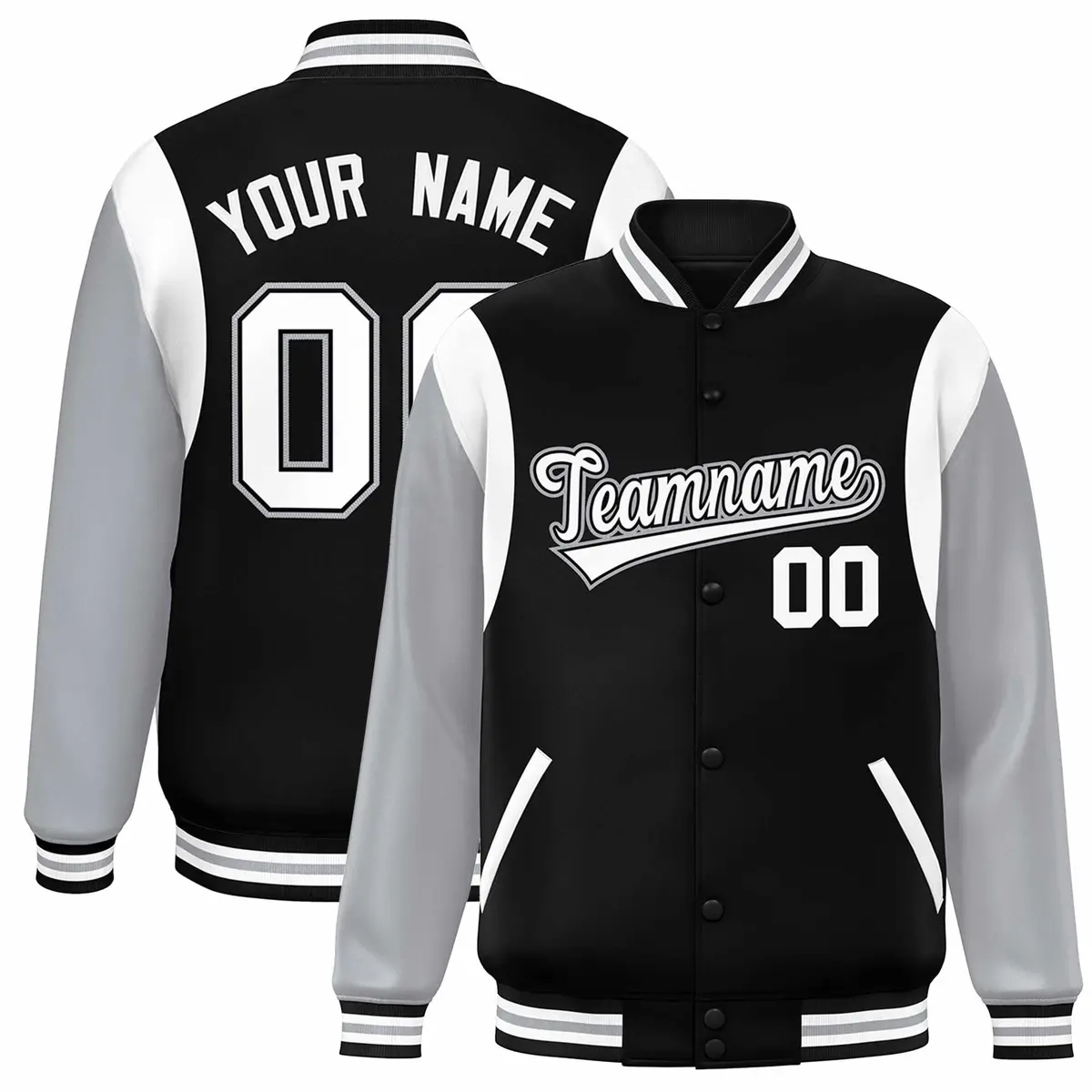 Black Gray-White Color Block Varsity Bomber Baseball Jacket