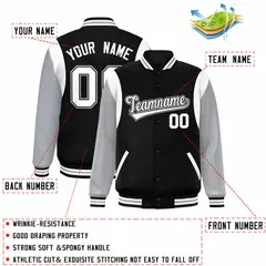 Black Gray-White Color Block Varsity Bomber Baseball Jacket 2