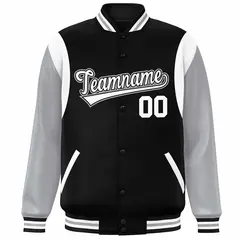 Black Gray-White Color Block Varsity Bomber Baseball Jacket 3