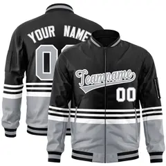 Black Gray-White Color Block Varsity Full-Zip Letterman Bomber Jacket