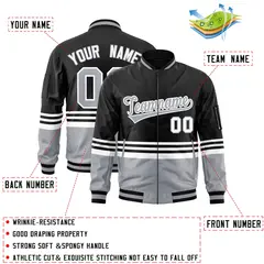 Black Gray-White Color Block Varsity Full-Zip Letterman Bomber Jacket 2