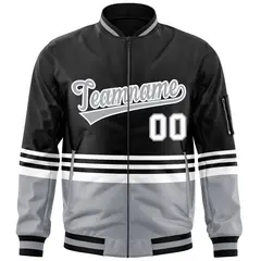 Black Gray-White Color Block Varsity Full-Zip Letterman Bomber Jacket 3