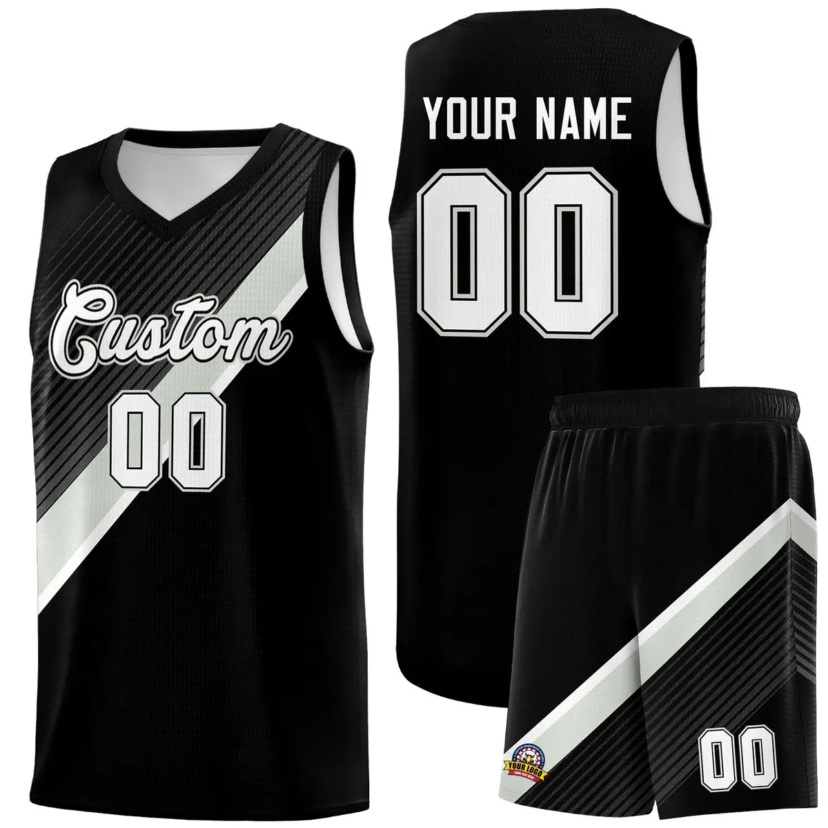 Black Gray White Diagonal Stripes Color Block Basketball Jersey