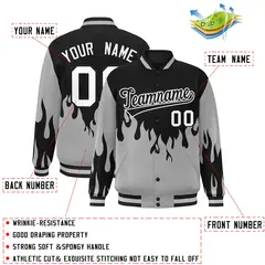 Black Gray-White Flame Graffiti Varsity Bomber Jacket 2