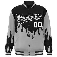 Black Gray-White Flame Graffiti Varsity Bomber Jacket 3