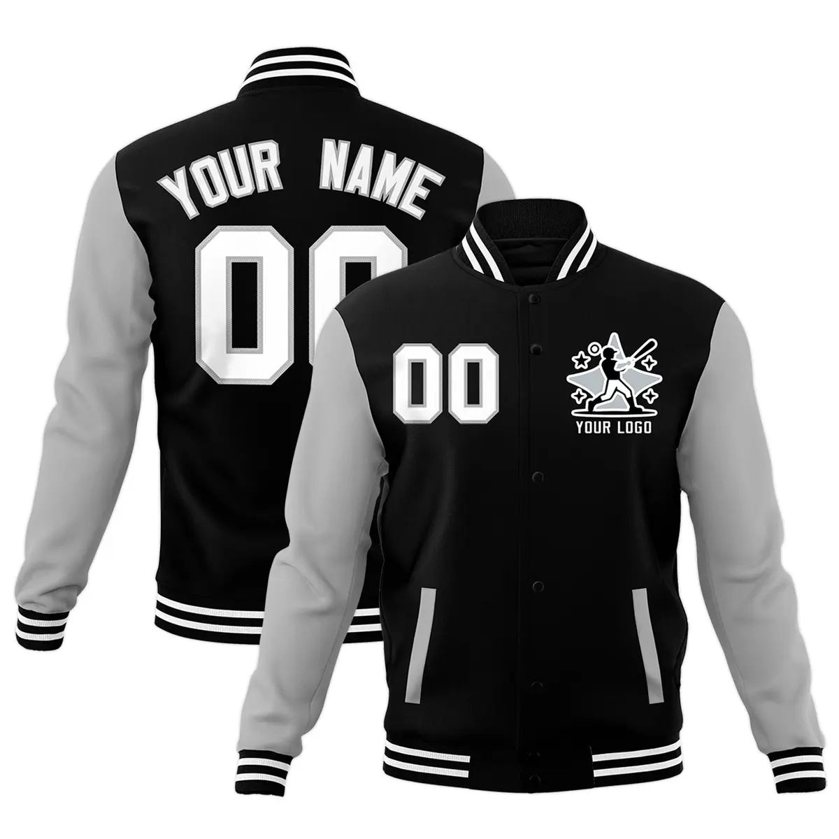 Black Gray White Raglan Full-Snap Letterman Cotton Jacket