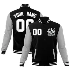 Black Gray White Raglan Full-Snap Letterman Cotton Jacket