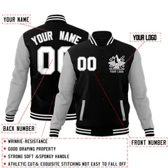 Black Gray White Raglan Full-Snap Letterman Cotton Jacket 2
