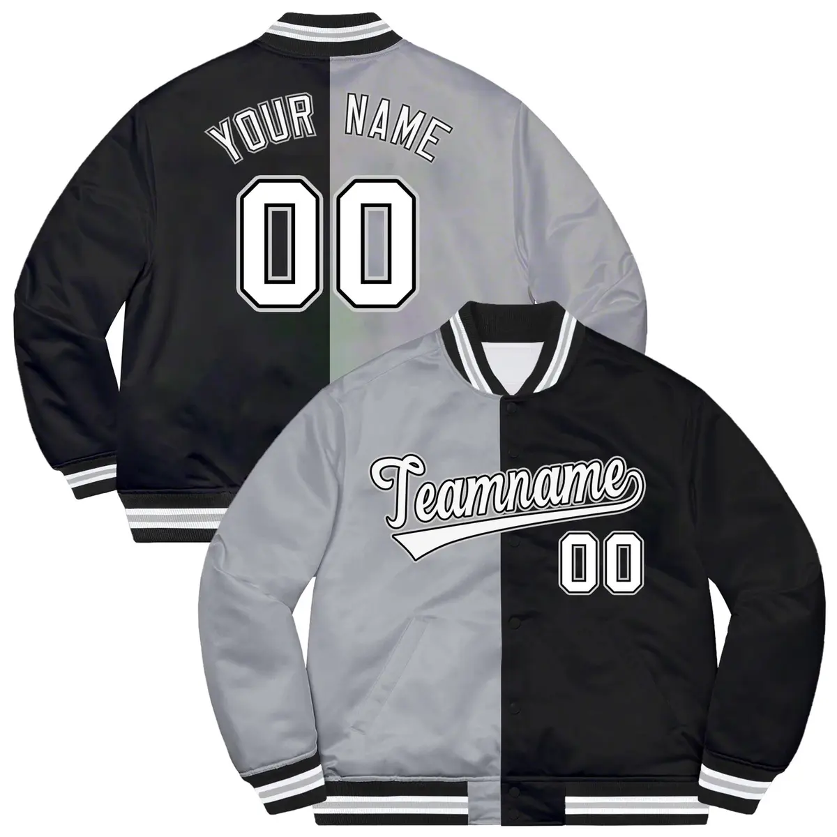Black Gray-White Split Two Tone Letterman Varsity Jacket