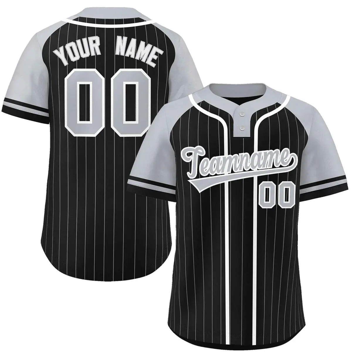 Black Gray-White Stripe Raglan Two-Button Softball Jersey