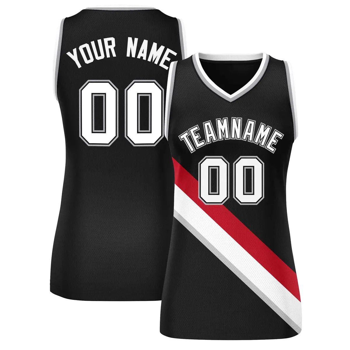 Women's Black Gray-White Thick Slash Mesh Basketball Jersey