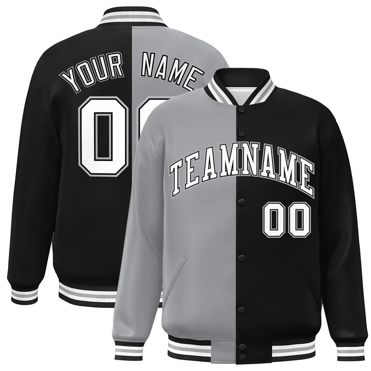 Black Gray-White Two Tone Split Full-Snap Varsity Jacket