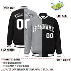 Black Gray-White Two Tone Split Full-Snap Varsity Jacket 2