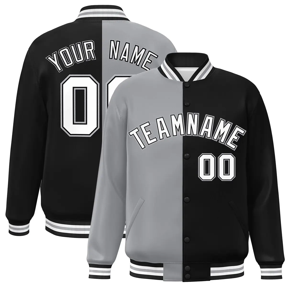 Black Gray-White Two Tone Split Full-Snap Varsity Jacket