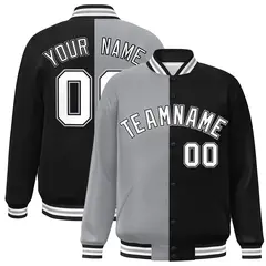 Black Gray-White Two Tone Split Full-Snap Varsity Jacket