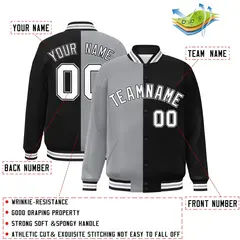 Black Gray-White Two Tone Split Full-Snap Varsity Jacket 2