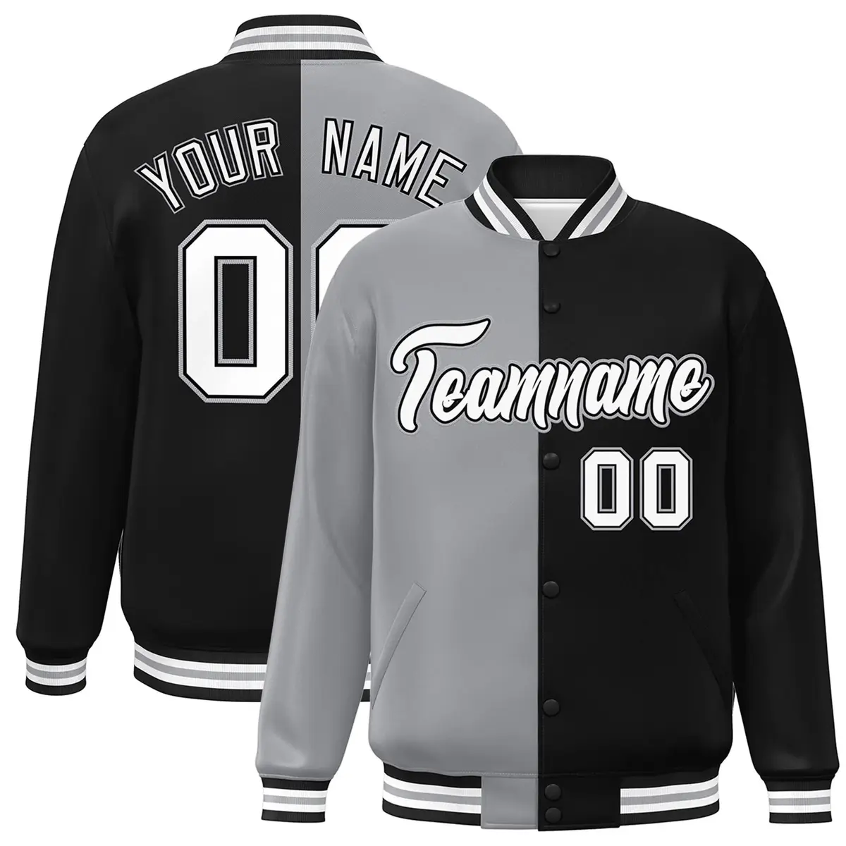 Black Gray-White Two Tone Split Full-Snap Varsity Jacket