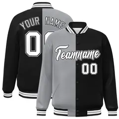 Black Gray-White Two Tone Split Full-Snap Varsity Jacket