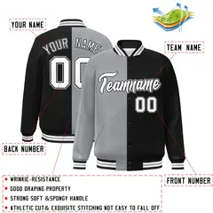 Black Gray-White Two Tone Split Full-Snap Varsity Jacket 2