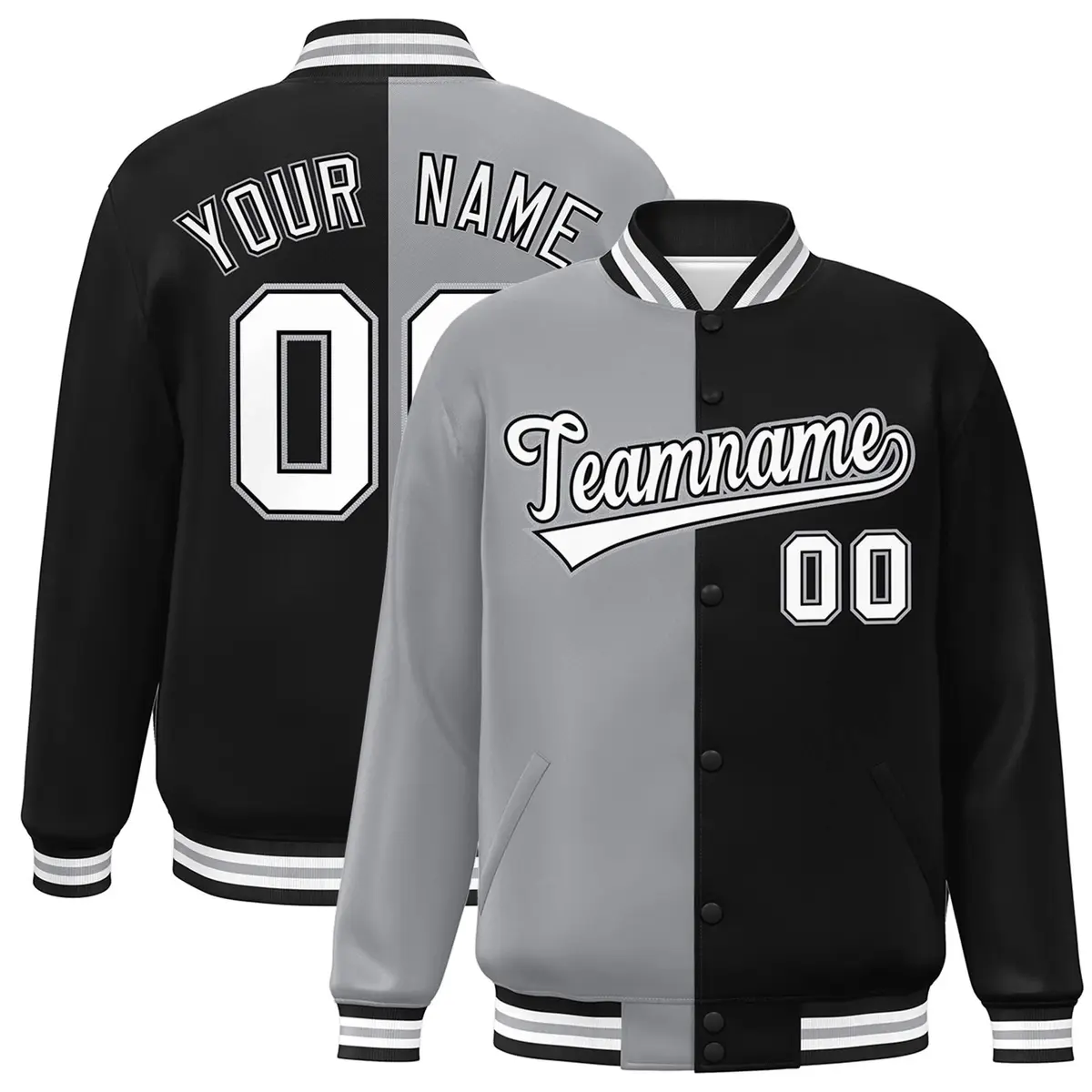 Black Gray-White Two Tone Split Full-Snap Varsity Jacket