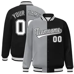 Black Gray-White Two Tone Split Full-Snap Varsity Jacket