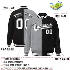 Black Gray-White Two Tone Split Full-Snap Varsity Jacket 2