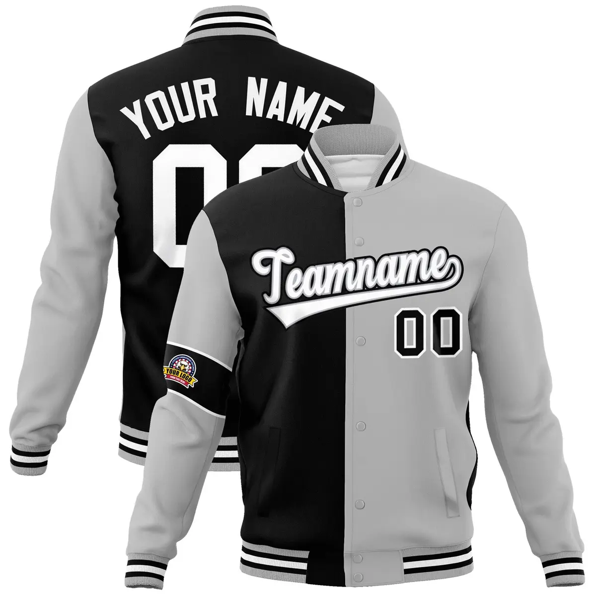 Black Gray-White Two Tone Split Letterman Varsity Jacket