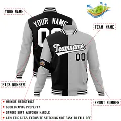 Black Gray-White Two Tone Split Letterman Varsity Jacket 4