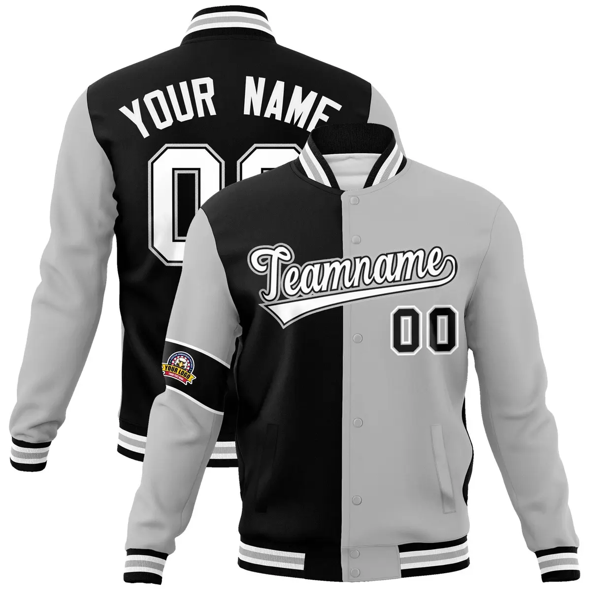Black Gray-White Two Tone Split Letterman Varsity Jacket