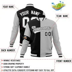 Black Gray-White Two Tone Split Letterman Varsity Jacket 4