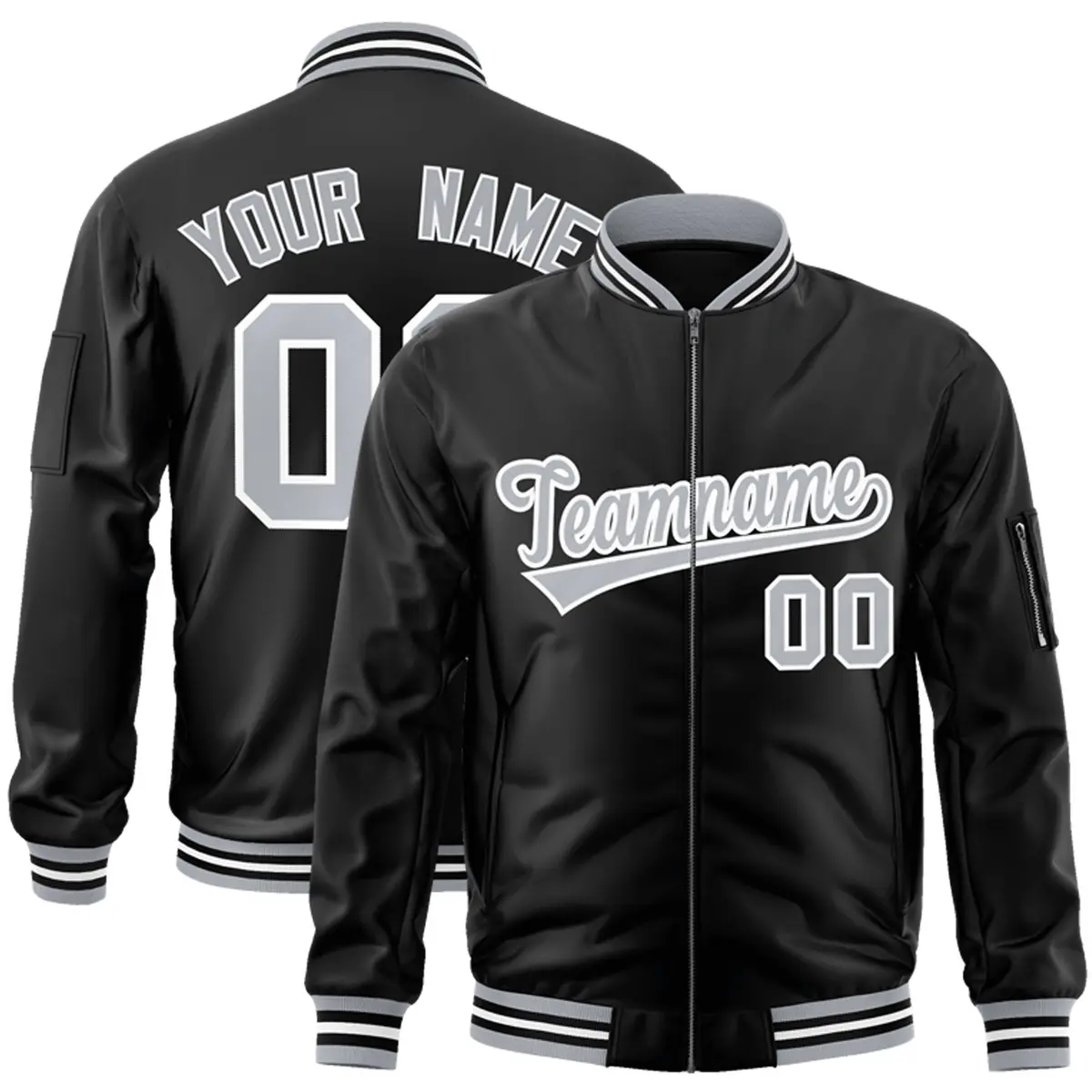 Black Gray-White Varsity Full-Zip Letterman Bomber Jacket