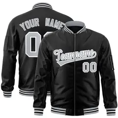 Black Gray-White Varsity Full-Zip Letterman Bomber Jacket 1