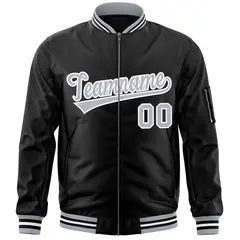 Black Gray-White Varsity Full-Zip Letterman Bomber Jacket 3