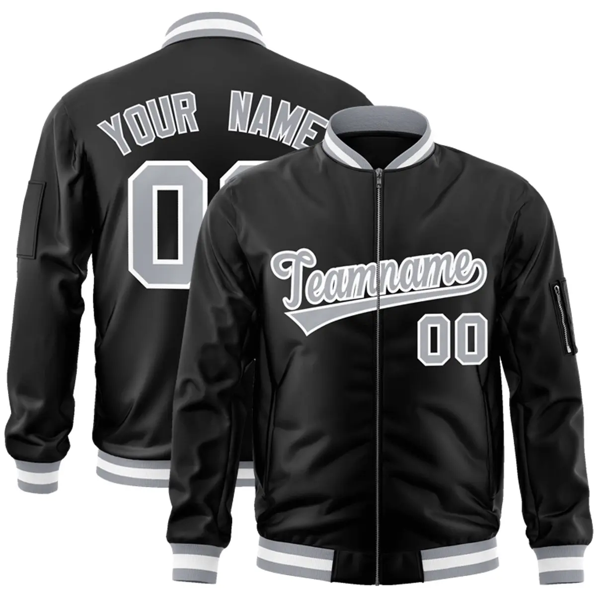 Black Gray-White Varsity Full-Zip Letterman Bomber Jacket