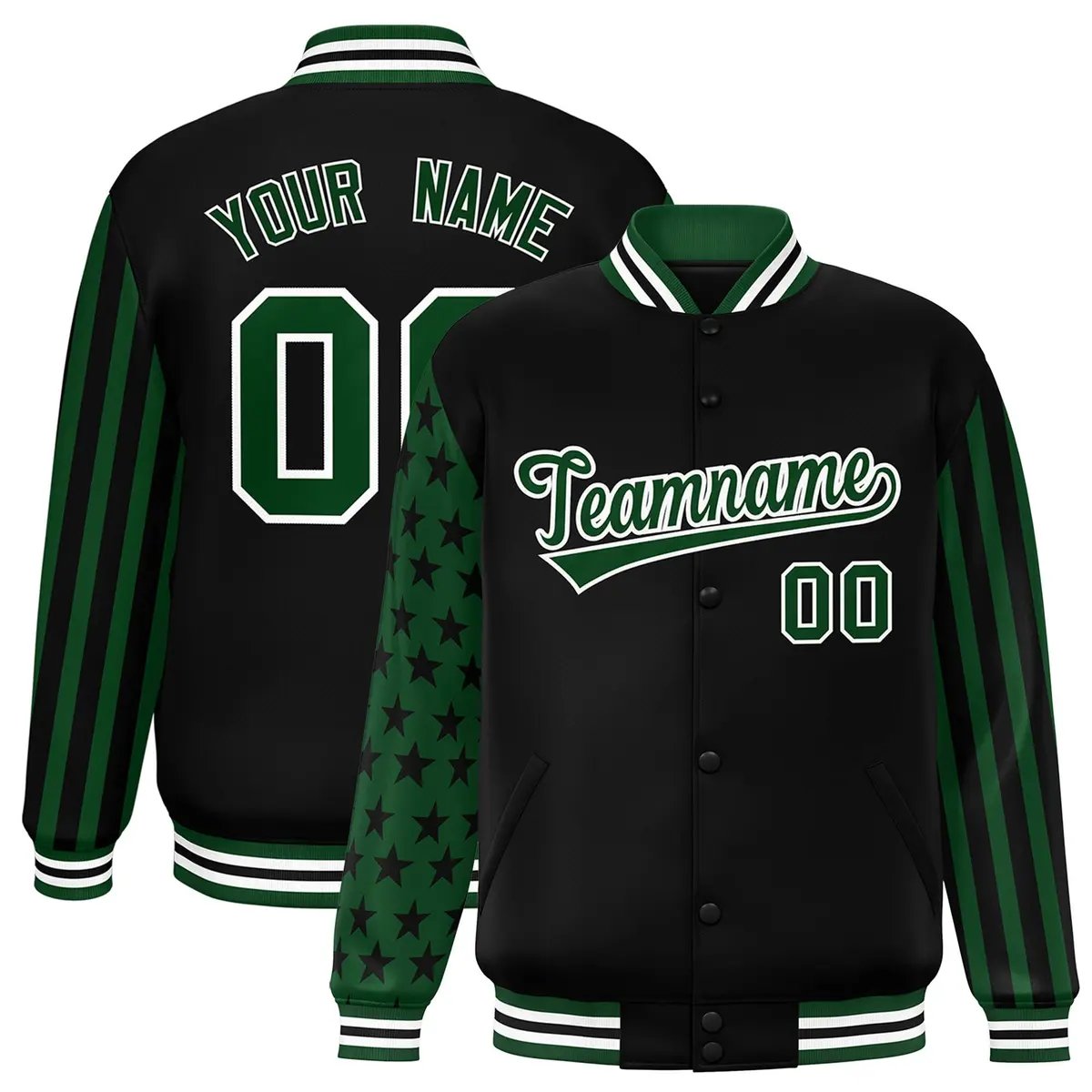 Black Green American Flag Varsity Raglan Letterman Bomber Jacket