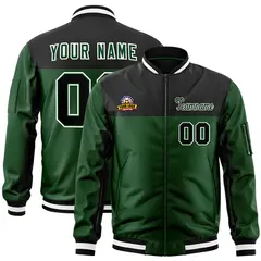 Black Green Color Block Full-Zip Varsity Letterman Jacket