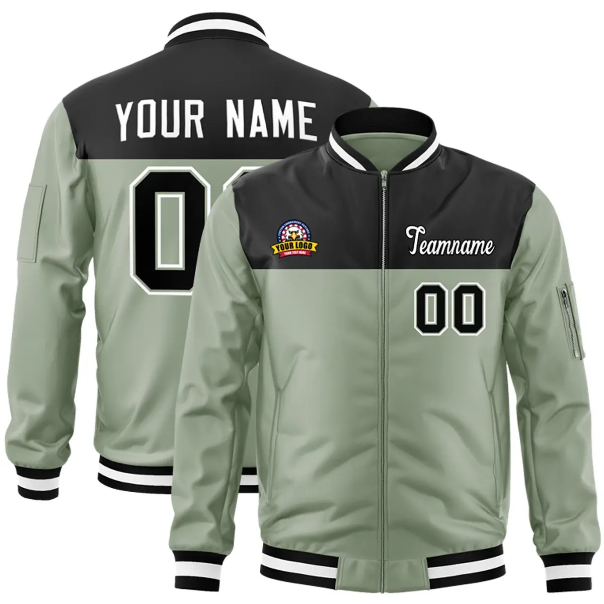 Black Green Color Block Full-Zip Varsity Letterman Jacket