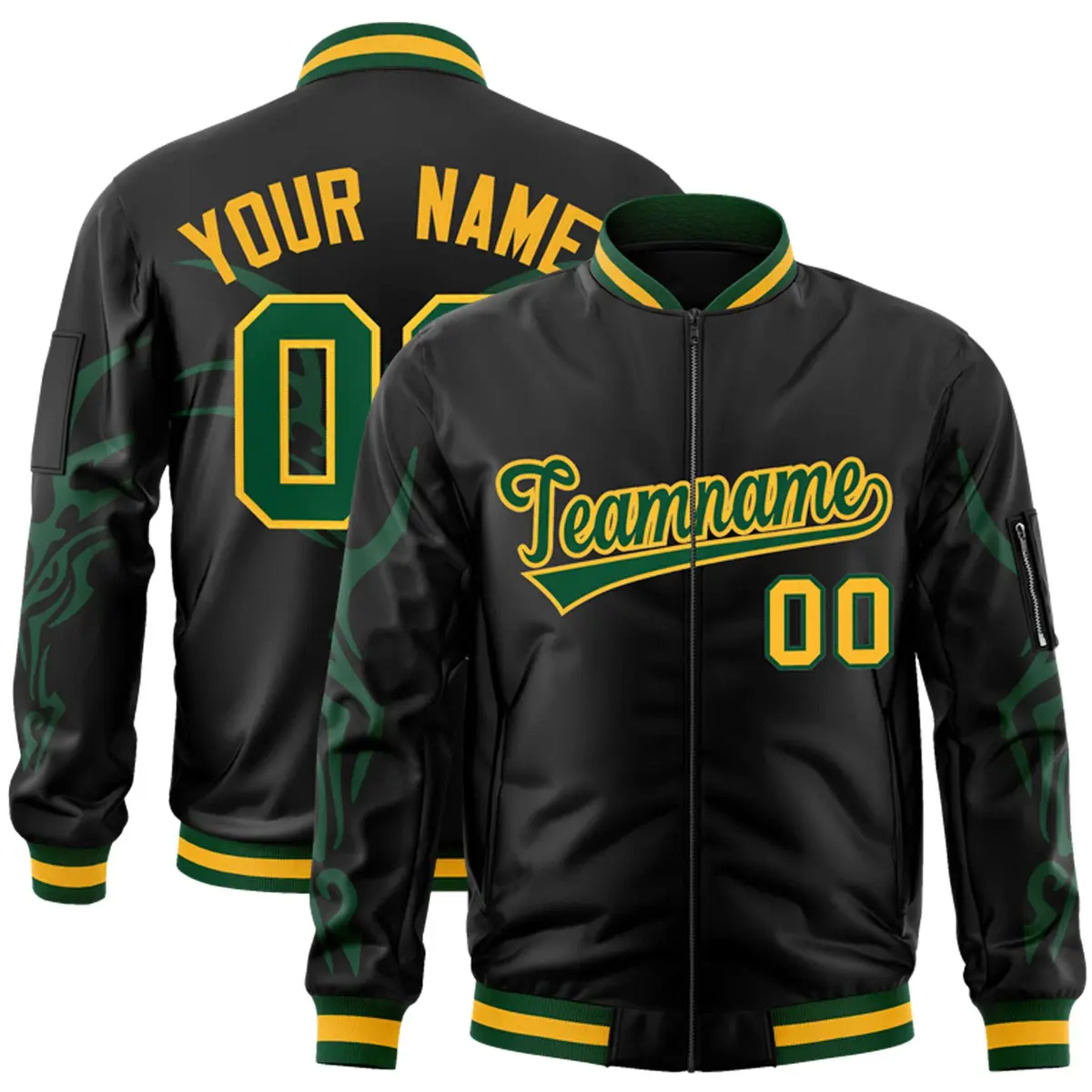 Black Green Dragon Head Graffiti Letterman Bomber Jacket