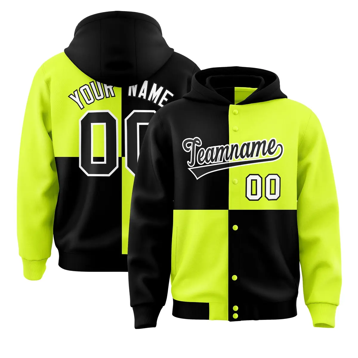 Black Green Four Squares Color Block Varsity Letterman Jacket Hoodie