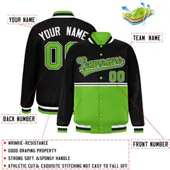 Black Green Full-Snap Color Block Varsity Letterman Jacket 2