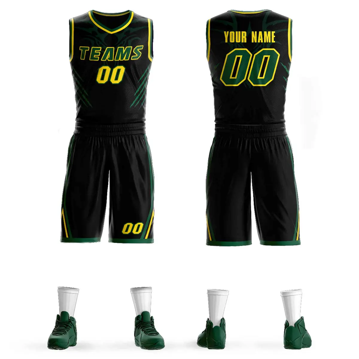 Black Green-Gold Graffiti Claw Pattern Basketball Jersey
